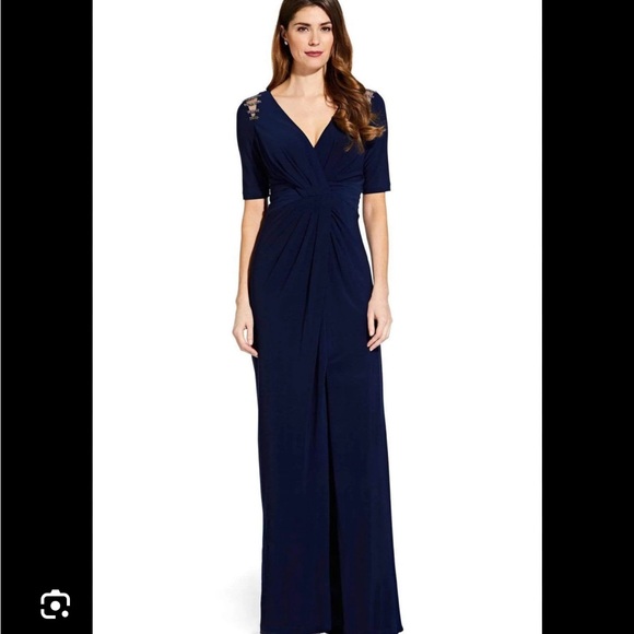 Adrianna Papell Embellished V-neck Jersey Sheath Dress Size 6 Navy Midnight - Picture 1 of 8